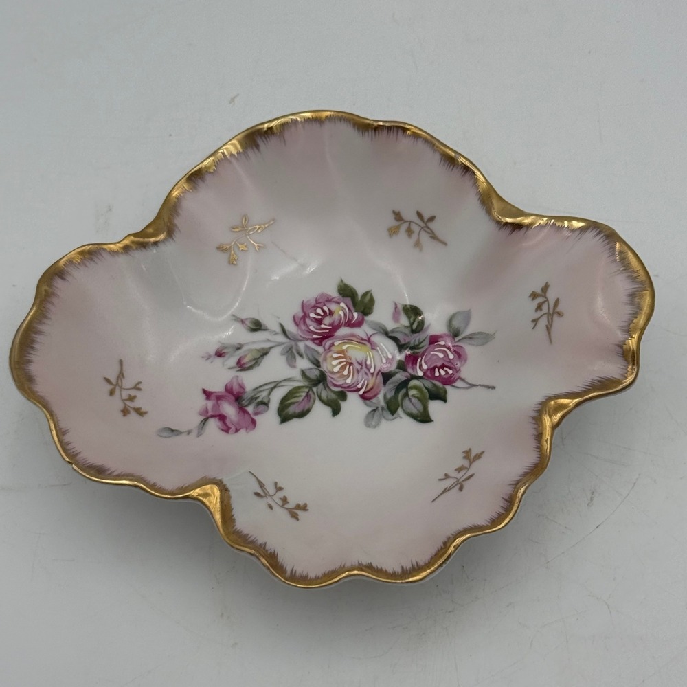 Lefton China Hand Painted Pink Rose Trinket Dish Gold Trim Scalloped Bowl